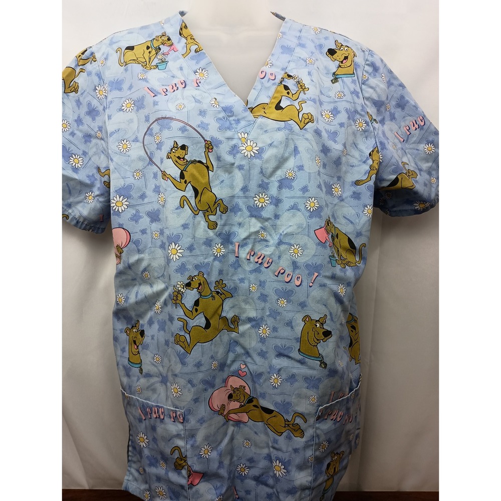 Scooby Doo M v neck pink blue flower medical receptionist dentist scrub‎ top